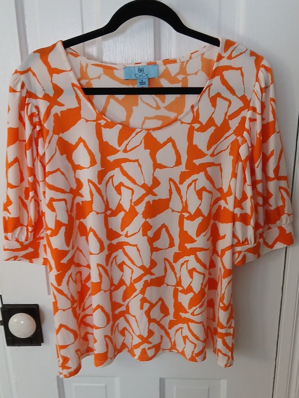 CeCe Orange & White Abstract Scoop Neck Blouse